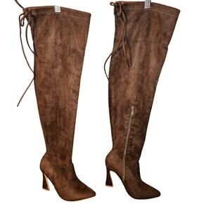 Glaze 9 Brown Suede Women's Thigh High Over Knee Boots 4 Inch Heels Shoes